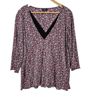 Vtg Womens Top 2X Pink Y2K Babydoll Ditsy Floral Coquette Cottage Romantic